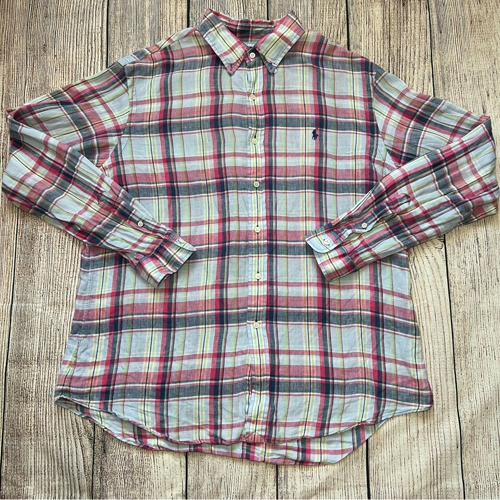 Ralph Lauren Shirt Mens XL Blue Plaid 100%Linen Custom Fit Button Up Long Sleeve